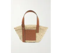 Small Leather-trimmed Woven Raffia Tote - Brown