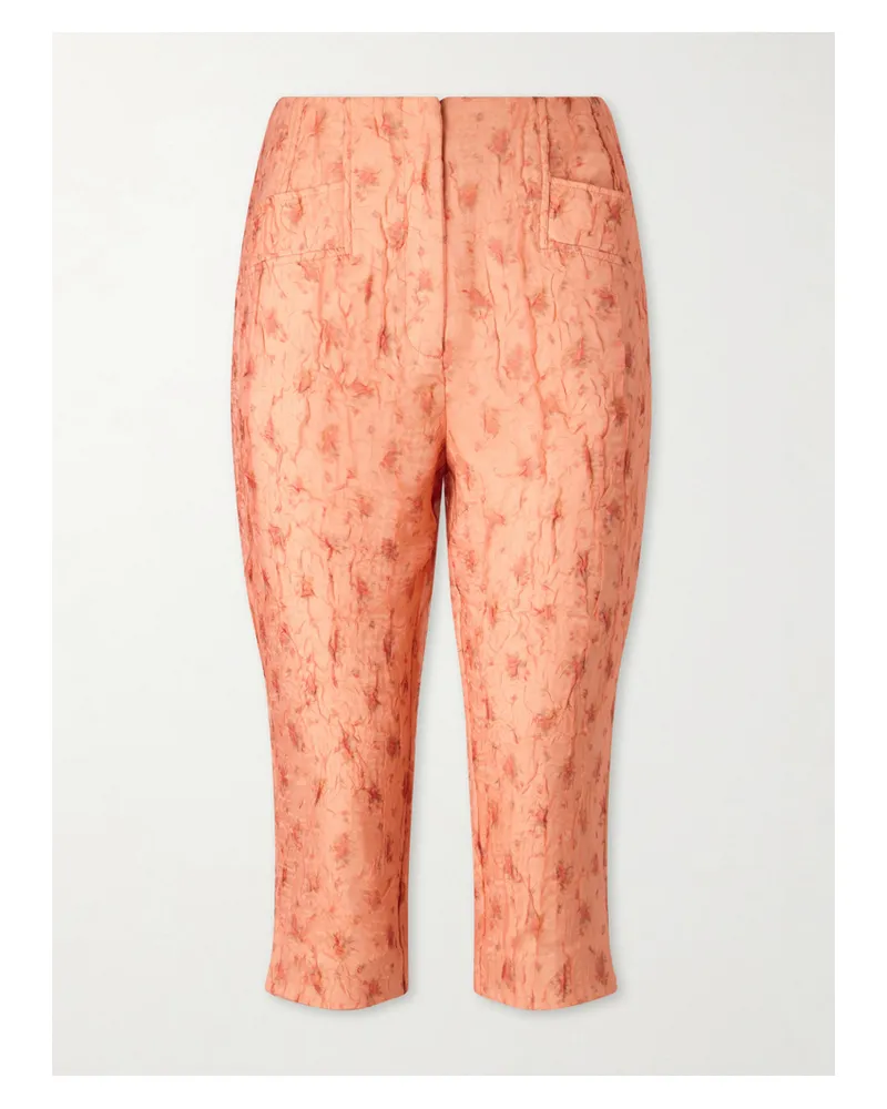 Ganni Floral-print Crinkled Shibori-organza Skinny-leg Capri Pants - Pink Pink