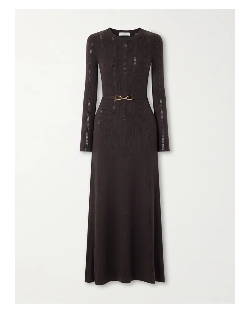 Gabriela Hearst Imagene Midikleid Aus Wolle In Geripptem Pointelle-strick Mit Gürtel - Braun Braun