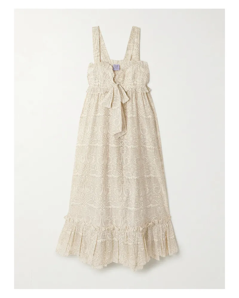 Thierry Colson Valentina Kleid Aus Einer Bedruckten Baumwoll-seidenmischung Mit Glitter-finish Und Rüschen - Creme Creme