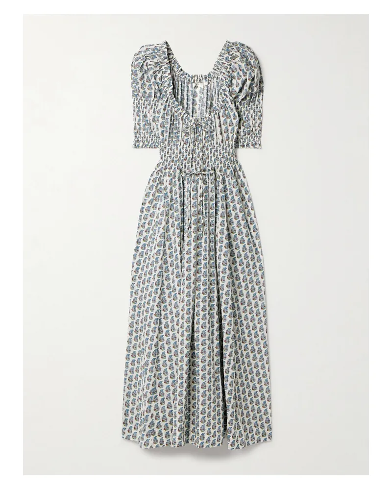 DÔEN Ischia Shirred Floral-print Organic Cotton-blend Voile Midi Dress - Blue Blue