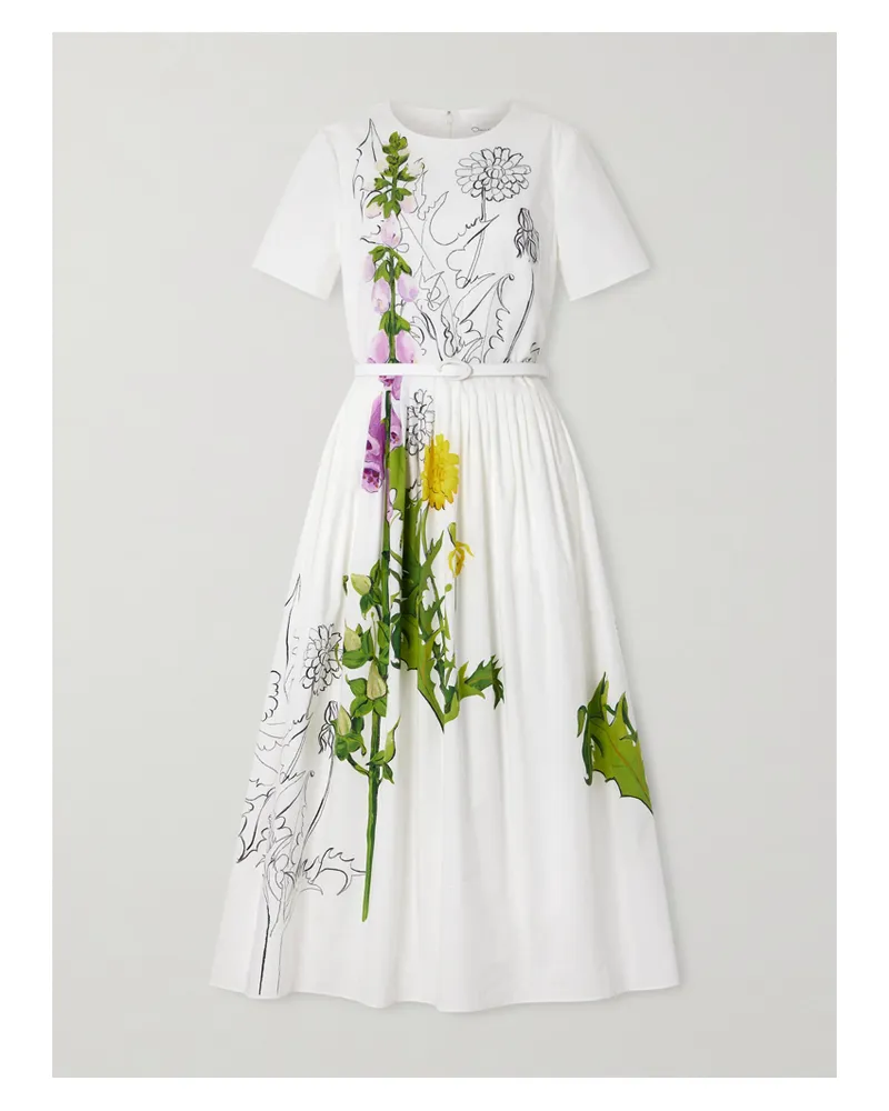 Oscar de la Renta Belted Floral-print Cotton-blend Poplin Midi Dress - White White