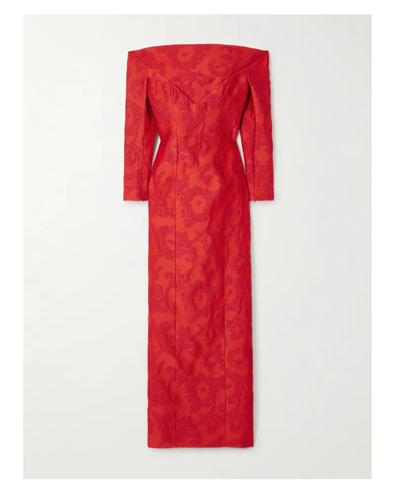 EMILIA WICKSTEAD Zarit Schulterfreies Maxikleid Aus Bouclé Mit Jacquard-muster - Rot Rot