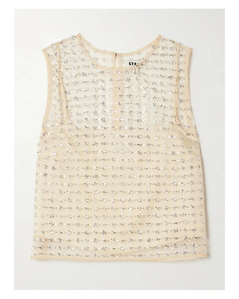 STAUD Seraphina Cropped Layered Embellished Tulle Top - Cream Cream