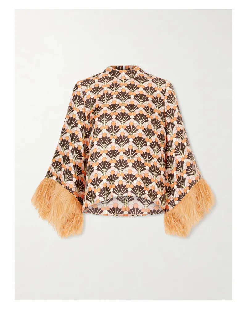 La DoubleJ Make An Exit Feather-trimmed Printed Silk-twill Top - Orange Orange