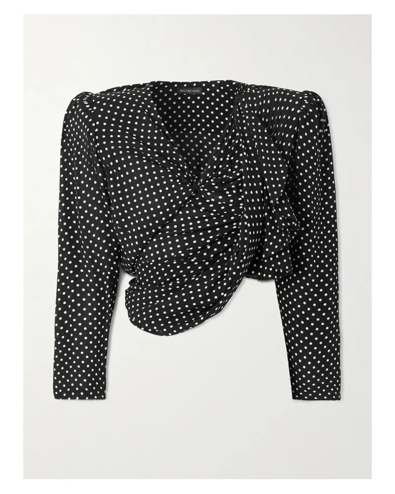 Balenciaga Ruffled Gathered Polka-dot Crepe De Chine Blouse - Black Black