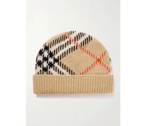 Checked Ribbed Cashmere-blend Beanie - Neutrals
