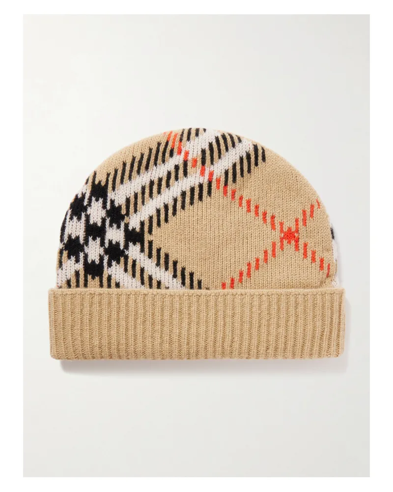 Burberry Checked Ribbed Cashmere-blend Beanie - Neutrals Neutrals