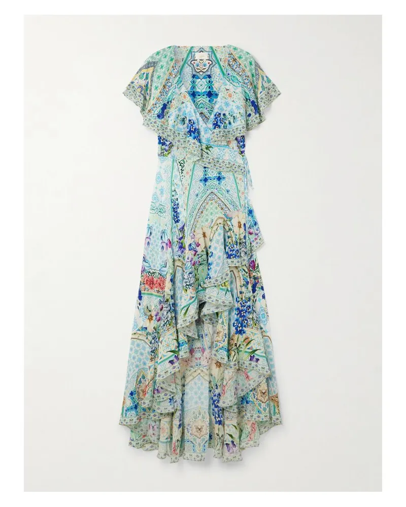 Camilla Asymmetrisches Maxi-wickelkleid Mit Rüschen Und Kristallen - Blau Blau