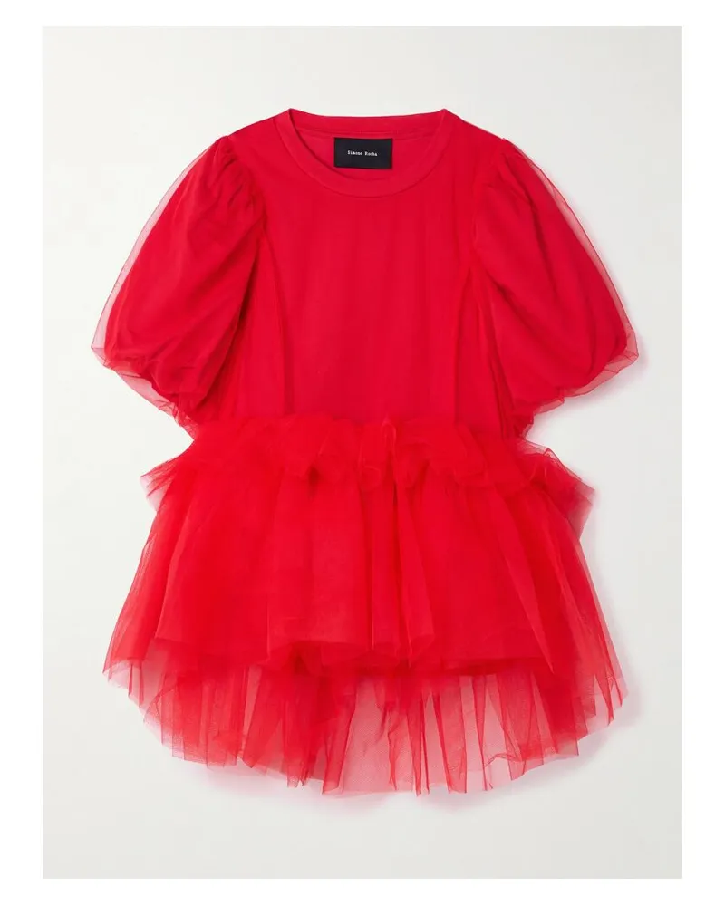 Simone Rocha Mehrlagiges T-shirt Aus Baumwoll-jersey Und Tüll Mit Raffungen - Rot Rot