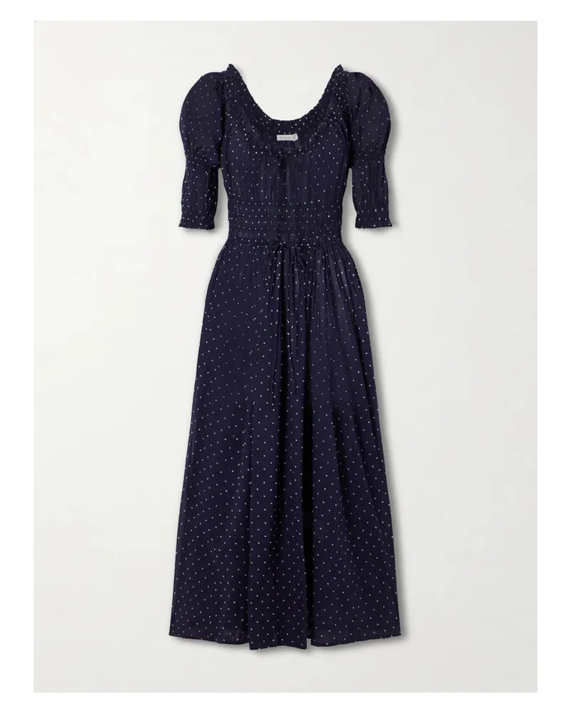 DÔEN Ischia Shirred Polka-dot Organic Cotton-voile Midi Dress - Blue Blue