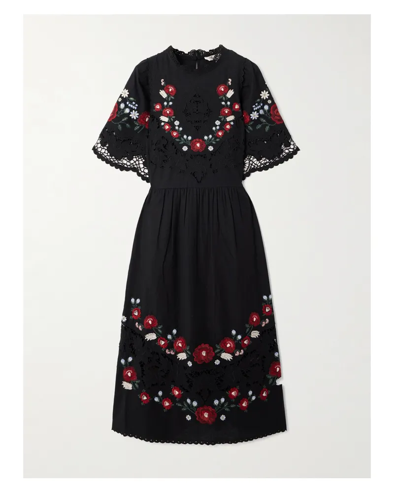 Sea Rosaline Midikleid Aus Einer Bestickten Baumwoll-leinenmischung Mit Lochstickerei - Schwarz Schwarz