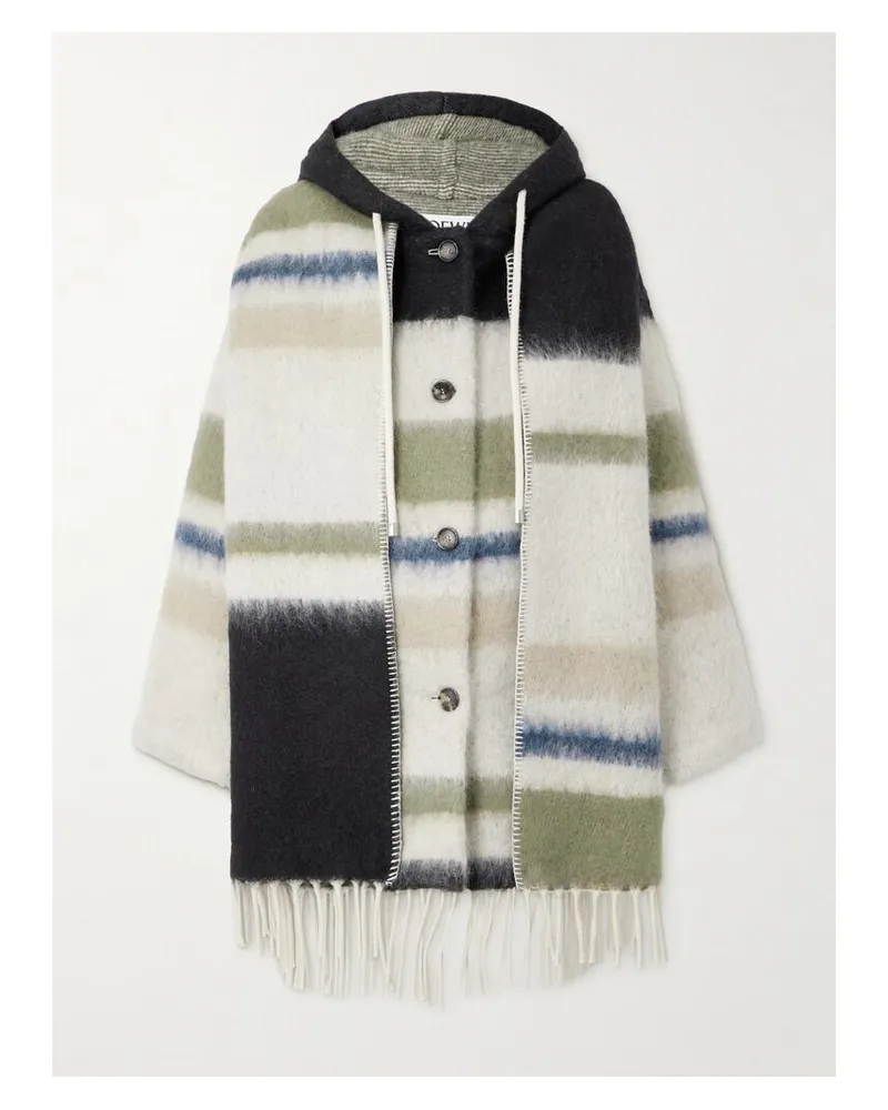 Loewe Mantel Aus Einer Gestreiften Wollmischung Mit Fransen, Schal Und Kapuze - Weiß Weiß