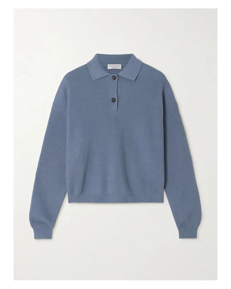 Brunello Cucinelli Pullover Aus Baumwolle In Rippstrick Mit Zierperlen - Blau Blau