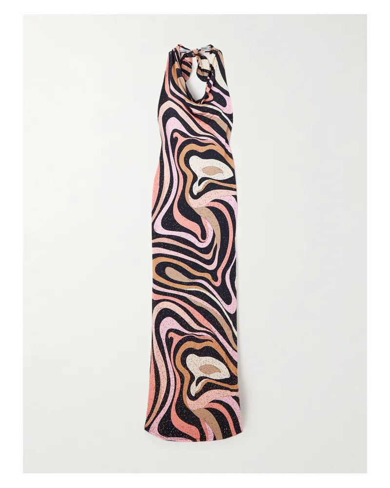 Emilio Pucci Marmo Crystal-embellished Printed Satin-jersey Halterneck Maxi Dress - Pink Pink