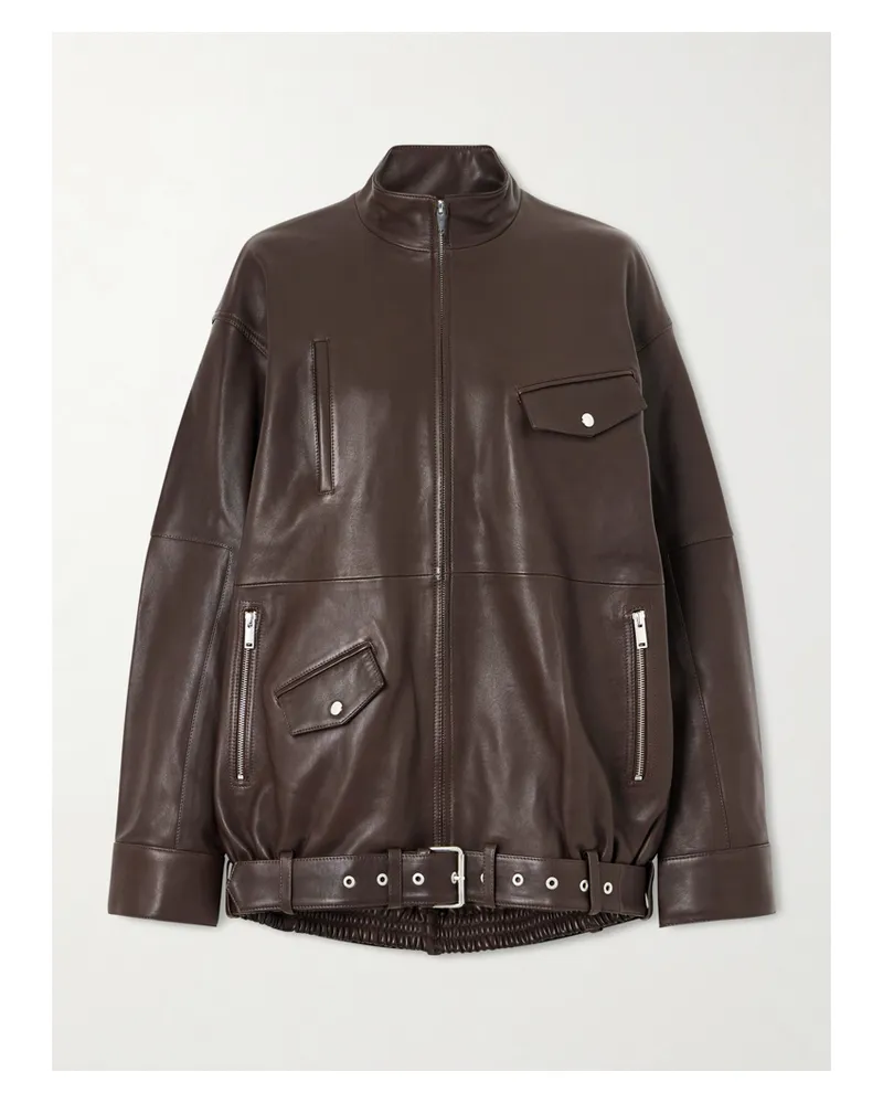 tibi Belted Leather Bomber Jacket - Brown Brown
