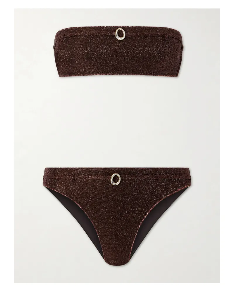 Oséree Lumière Micro Belt Bandeau Embellished Stretch-lurex Bikini - Brown Brown