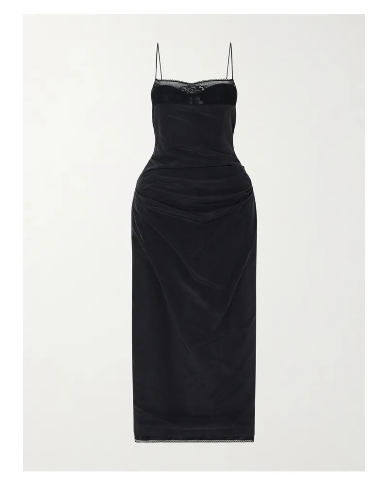 Magda Butrym Draped Lace-trimmed Silk-satin Midi Dress - Black Black