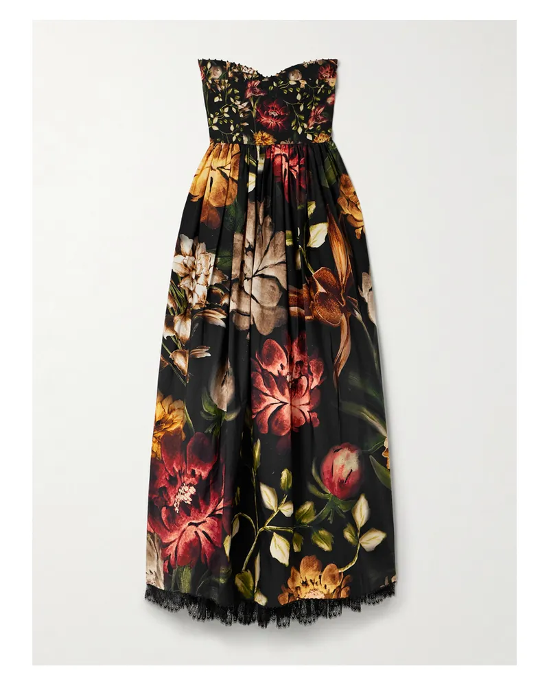 AGUA BENDITA Tonia Paramo Trägerloses Midikleid Aus Baumwollpopeline Mit Blumenprint Und Spitzenbesatz - Schwarz Schwarz