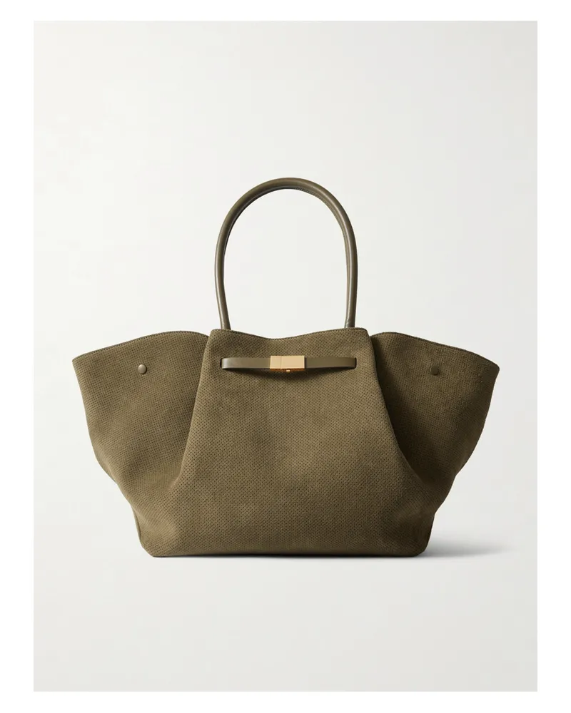 DeMELLIER New York Large Leather-trimmed Perforated Suede Tote - Green Green