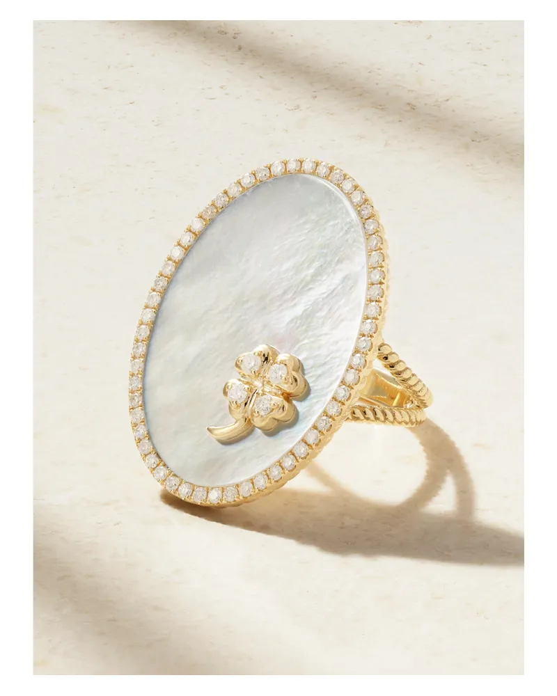 Yvonne Léon Médaillon Trèfle Ring Aus 9 Karat Gold Mit Perlmutt Und Diamanten - Weiß Weiß