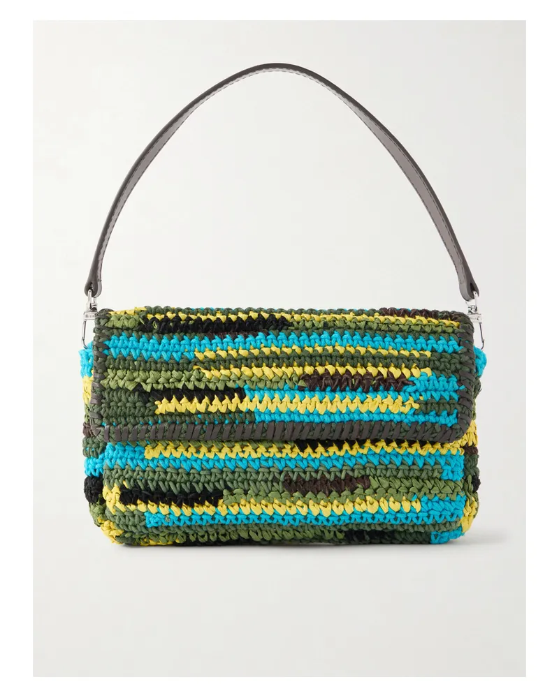 STAUD Timmy Leather-trimmed Crocheted Fabric And Raffia Shoulder Bag - Blue Blue