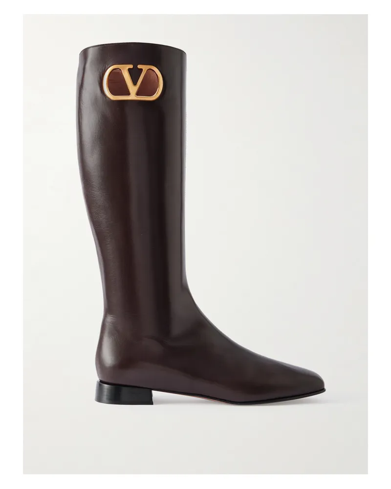 Valentino Garavani Vlogo Embellished Leather Knee Boots - Brown Brown