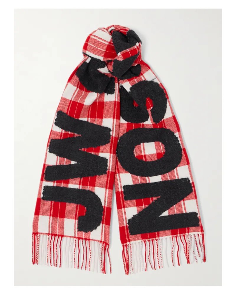 J.W.Anderson Fringed Appliquéd Checked Wool-blend Scarf - Red Red