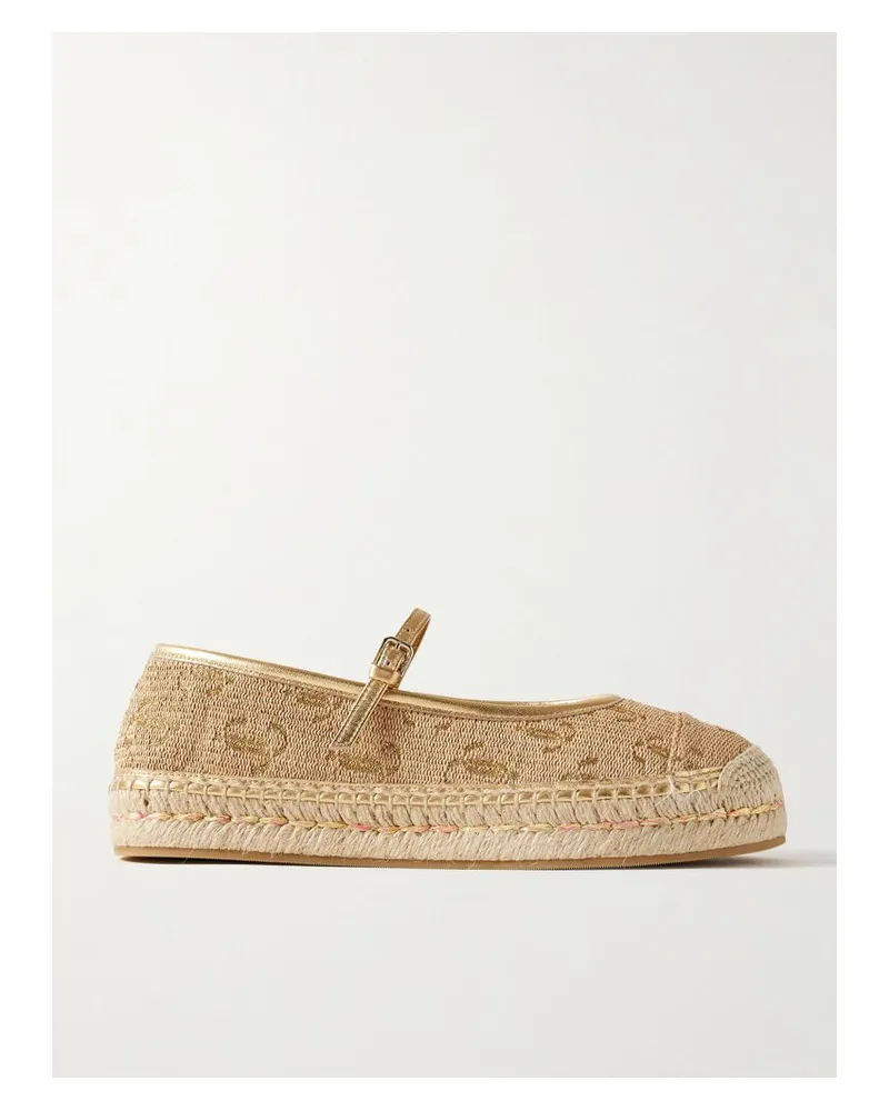 Jimmy Choo 20 Espadrilles Aus Stroh Mit Metallic-lederbesätzen, Logostickereien Und Plateau - Braun Braun