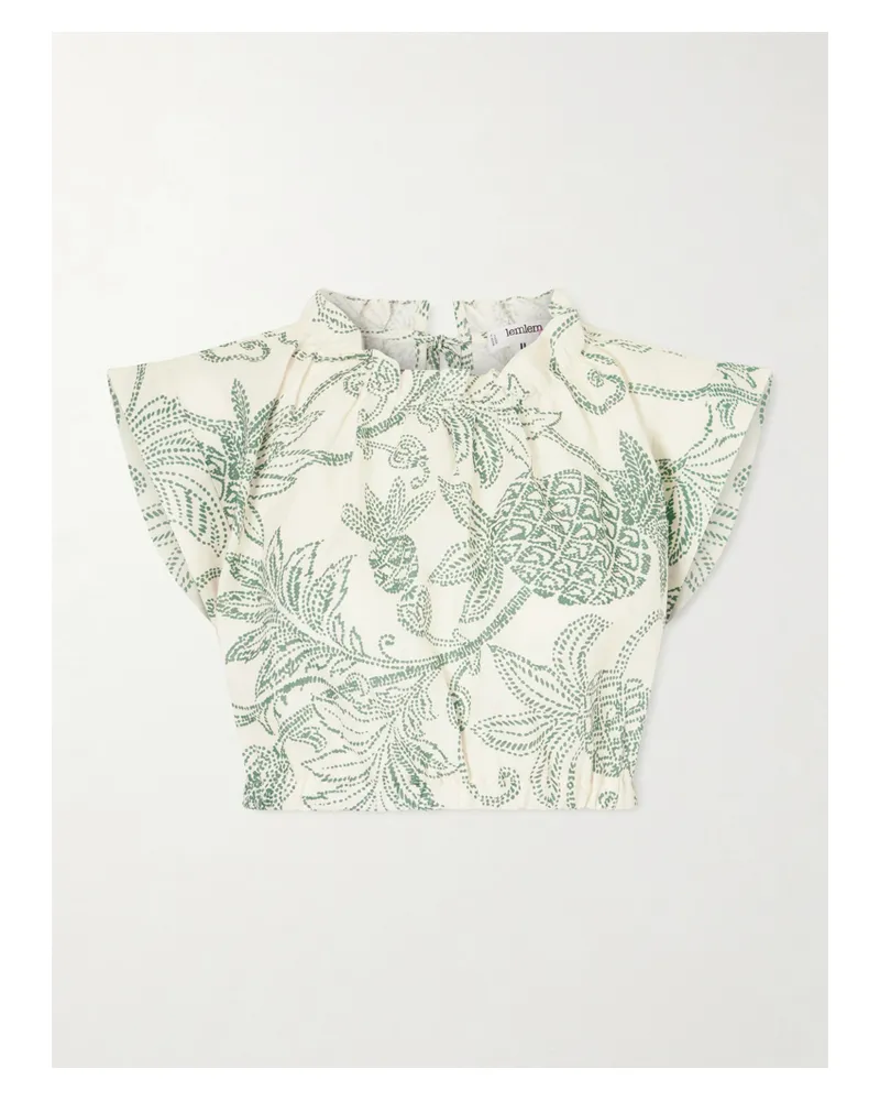 lemlem Muna Cropped Ruched Printed Linen Top - Green Green
