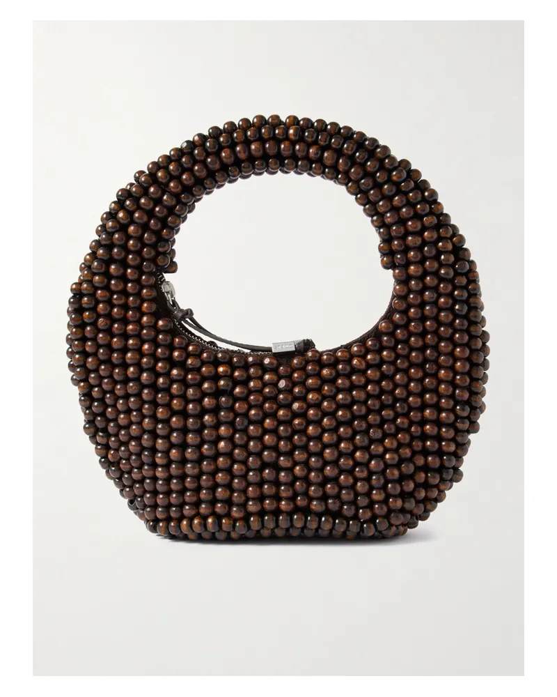 STAUD Reef Leather-trimmed Beaded Wood Tote - Brown Brown