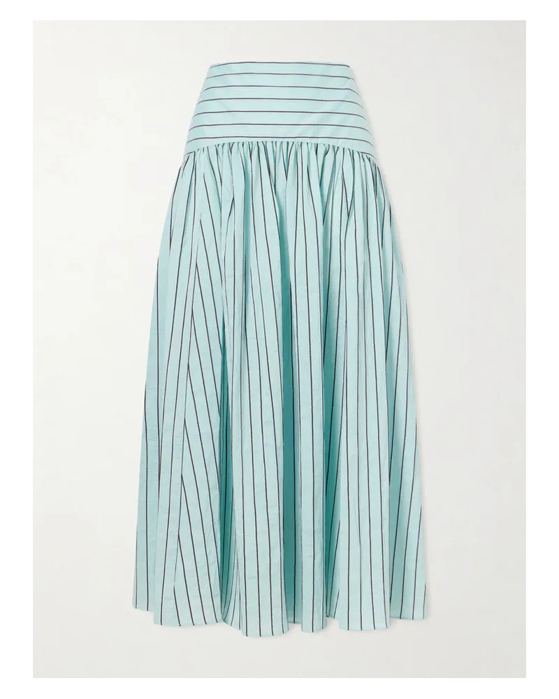 STAUD Procida Pleated Striped Cotton-blend Poplin Midi Skirt - Blue Blue