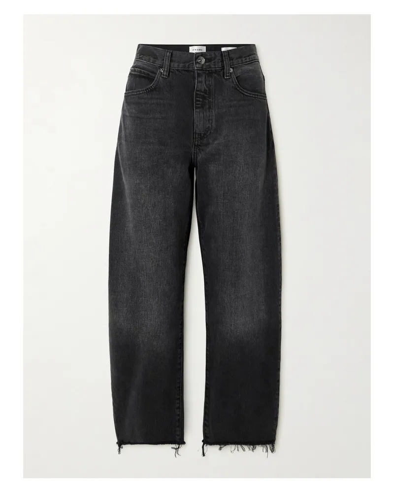 Frame Denim The Bubble Verkürzte, Hoch Sitzende Barrel-jeans Mit Fransen - Schwarz Schwarz
