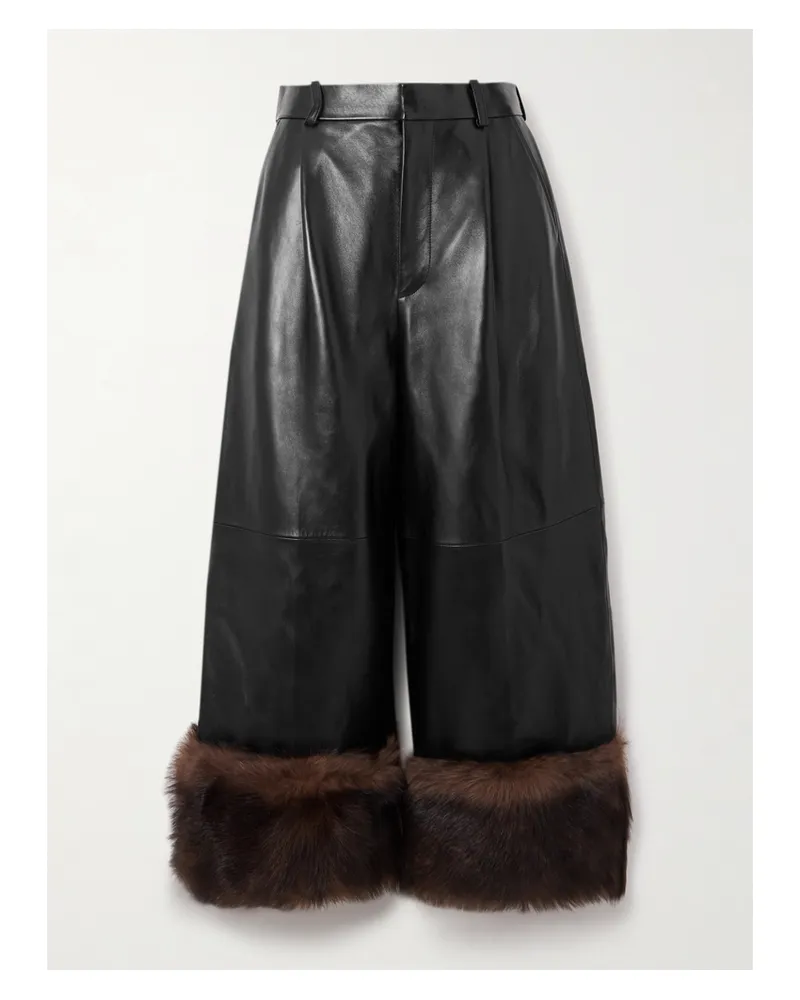 Loewe Convertible Cropped Shearling-trimmed Leather Wide-leg Pants - Black Black
