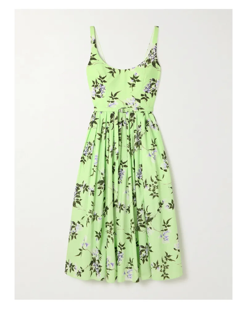 EMILIA WICKSTEAD Eglantine Belted Gathered Floral-print Cotton-poplin Midi Dress - Green Green