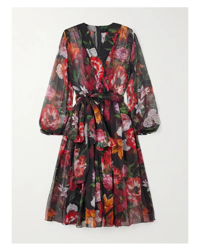 Dolce & Gabbana Midikleid Aus Seidenchiffon Mit Blumenprint, Raffungen Und Bindegürtel - Schwarz Schwarz