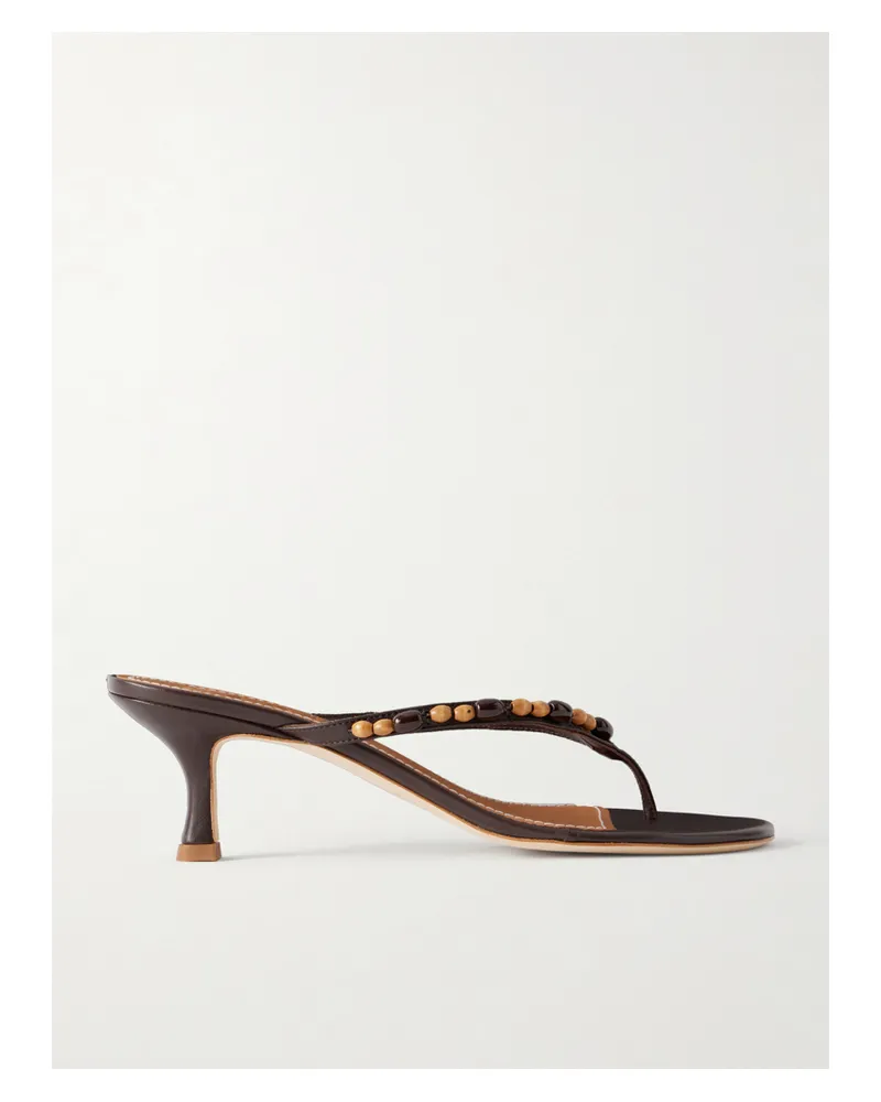 STAUD Freja Bead-embellished Leather Thong Sandals - Brown Brown