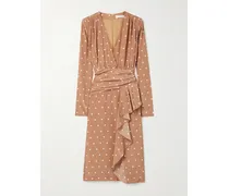 Midikleid Aus Crêpe De Chine Aus Seide Mit Polka-dots Und Raffungen - Braun