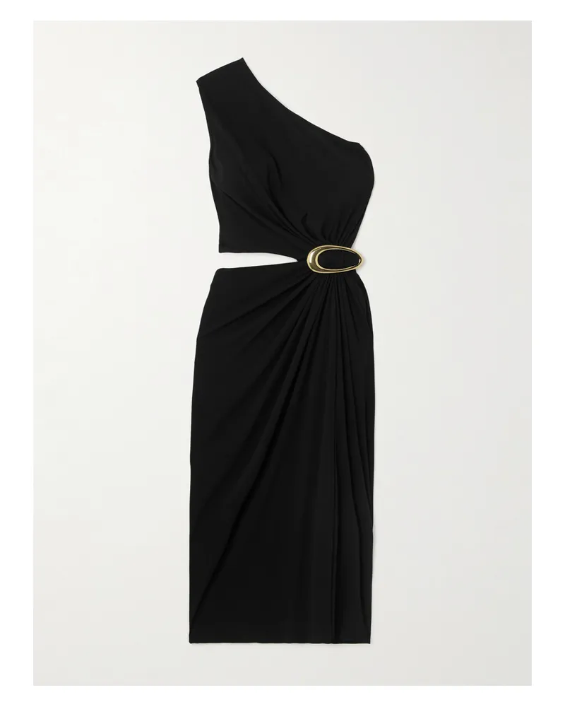 Bottega Veneta One-shoulder Cutout Gathered Embellished Crepe-jersey Midi Dress - Black Black