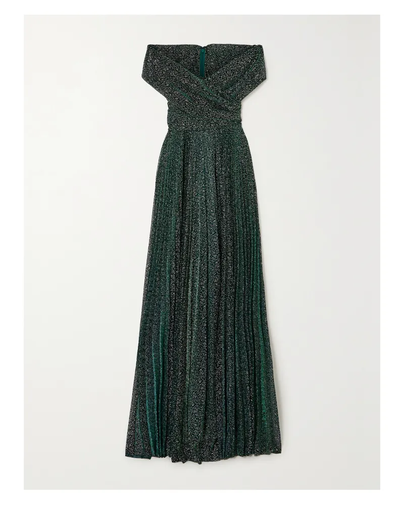 Talbot Runhof Schulterfreie Robe Aus Metallic-voile In Glitter-optik - Grün Grün