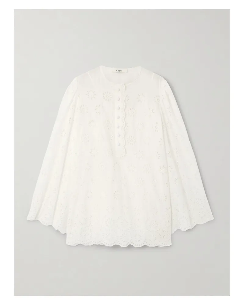 Chloé Minikleid Aus Einer Baumwollmischung Mit Lochstickerei Und Wellenkante - Weiß Weiß