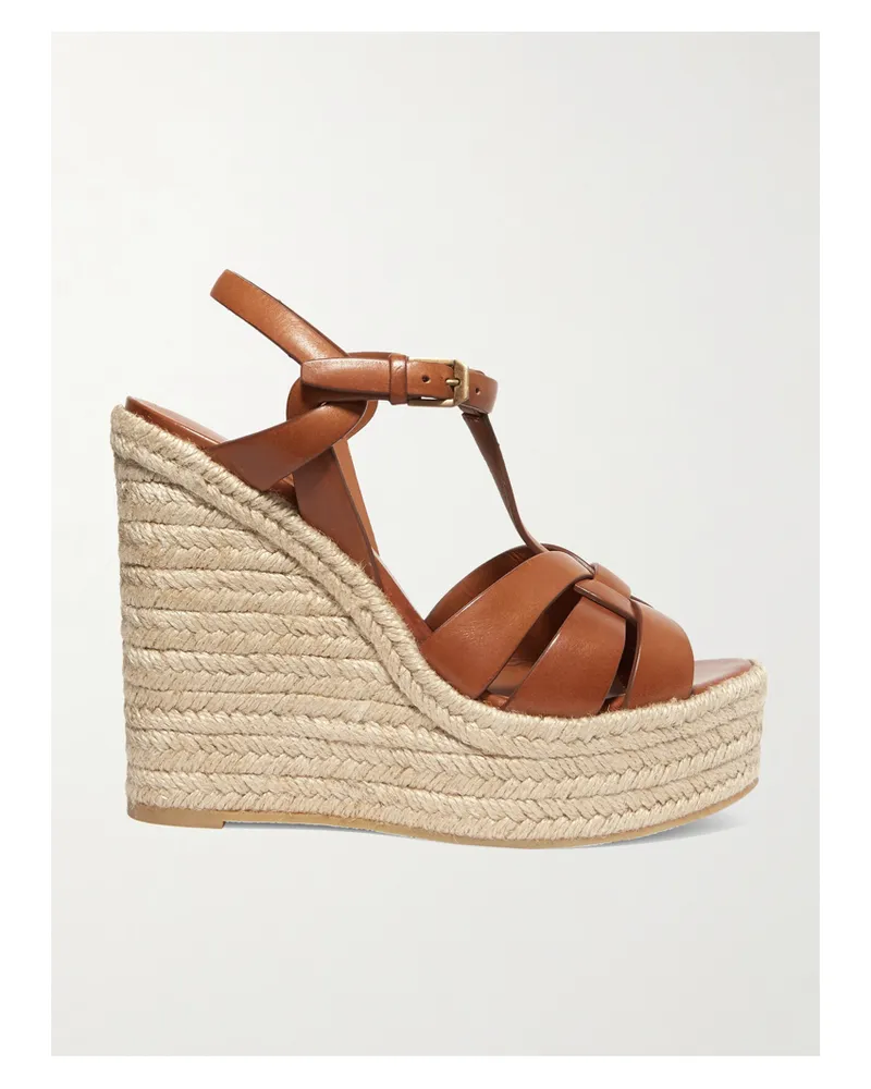 Saint Laurent Tribute Woven Leather Espadrille Wedge Sandals - Brown Brown