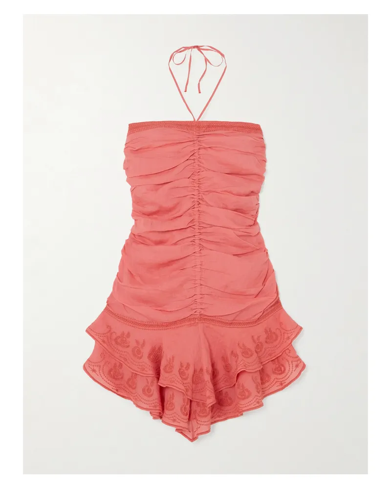 Isabel Marant Emanuela Neckholder-minikleid Aus Ramie Mit Raffungen Und Stickereien - Orange Orange