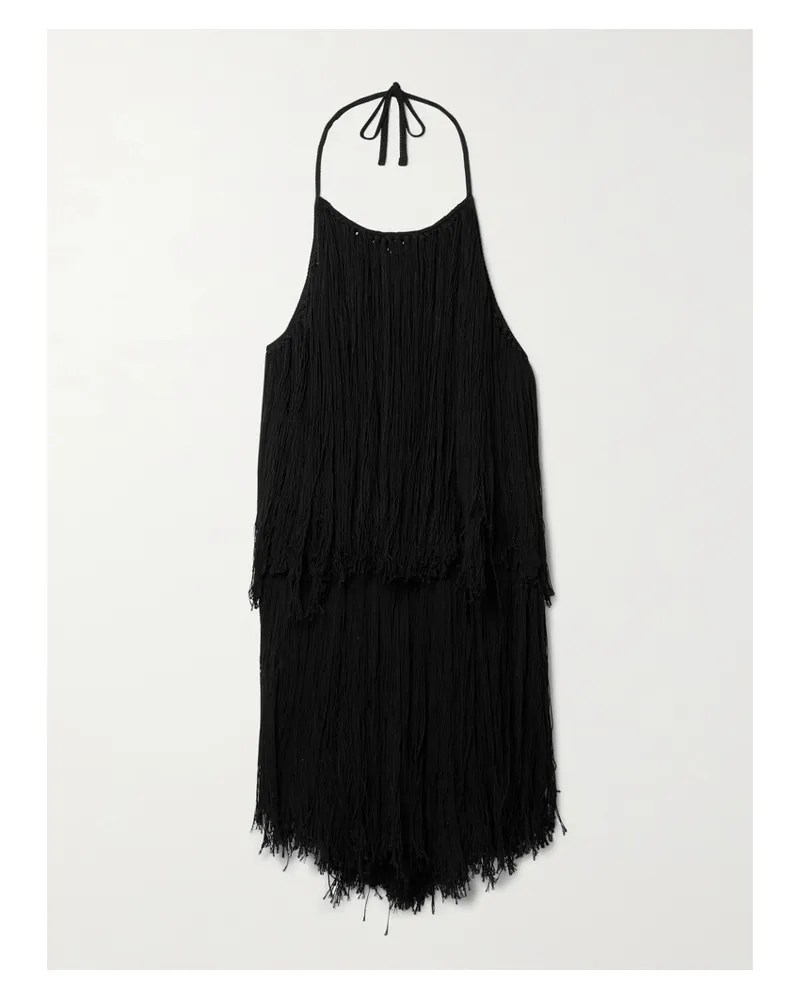 Altuzarra Delphinia Neckholder-oberteil Aus Einer Baumwoll-seidenmischung In Lochstrick Mit Fransen - Schwarz Schwarz