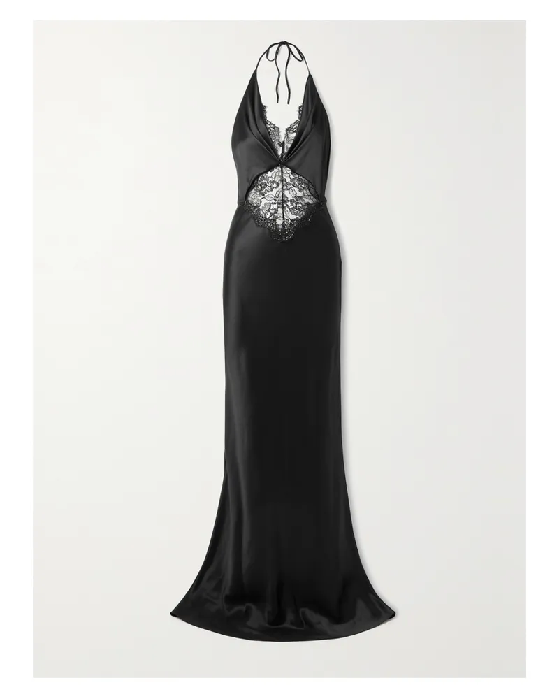 ET OCHS Maria Neckholder-robe Aus Seidensatin Mit Metallic-spitzenbesatz - Schwarz Schwarz