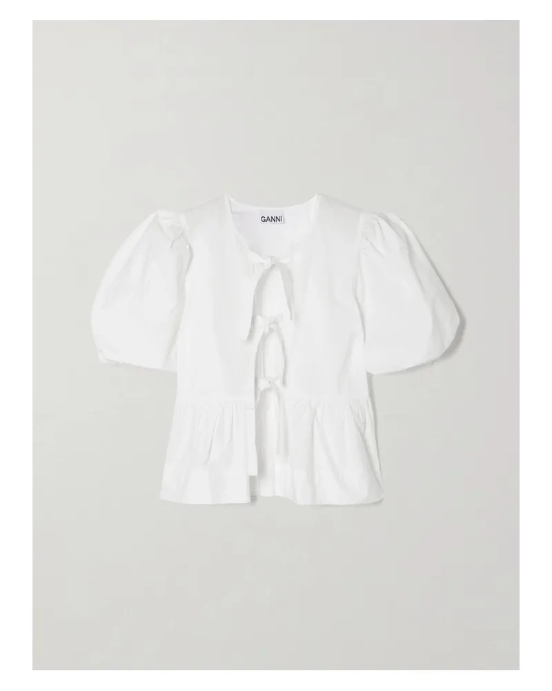 Ganni Tie-front Organic Cotton-poplin Peplum Blouse - White White