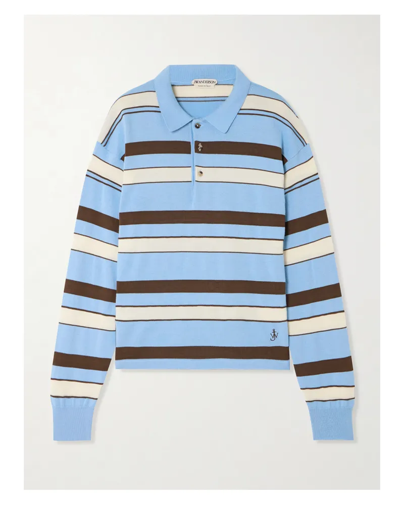 J.W.Anderson Pullover Aus Einer Gestreiften Baumwoll-wollmischung Mit Stickerei Und Polokragen - Blau Blau