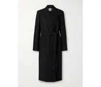 Wollmantel Mit Nadelstreifen Und Bindegürtel - Schwarz