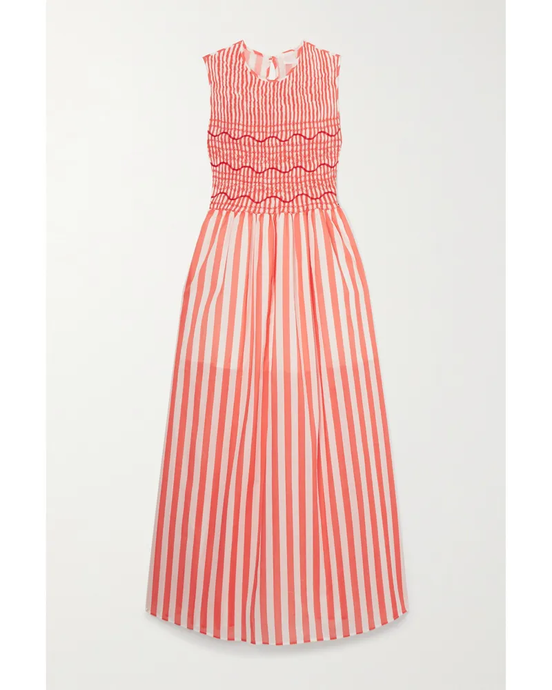 Loretta Caponi Net Sustain Gioia Midikleid Aus Gestreifter Baumwollpopeline Mit Stickereien - Orange Orange