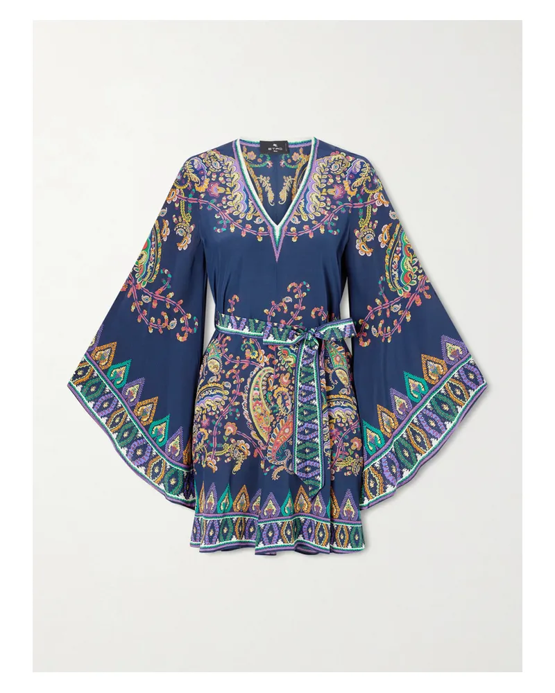 Etro Minikleid Aus Seiden-twill Mit Paisley-muster Und Bindegürtel - Blau Blau